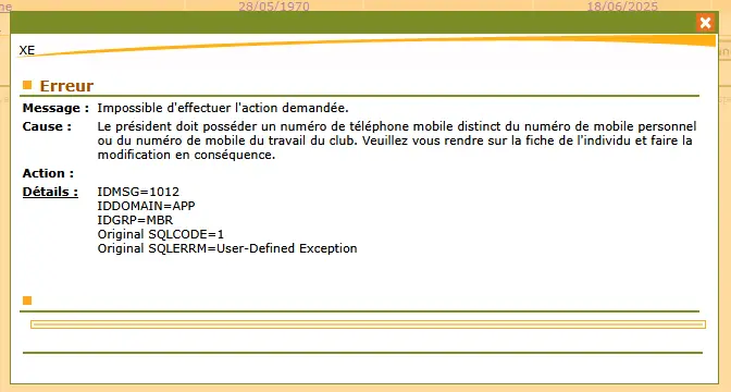 Message d’erreur lors de la validation du bureau sur FootClubs